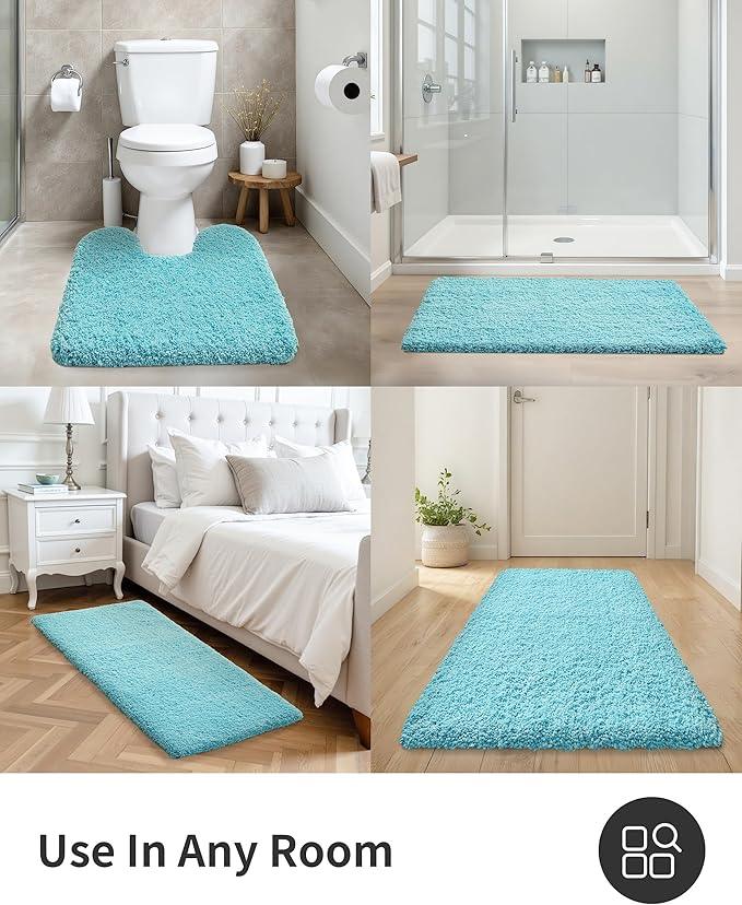 ILANGO Teal Toilet Rugs U Shaped 22" × 24" Non Slip & Super Absorbent Extra Thick Soft, Washable Bath Mats for Bathroom Floor, Microfiber Plush Shaggy Contour Bath Rugs for Toilet,Dry Quick - ModernBath