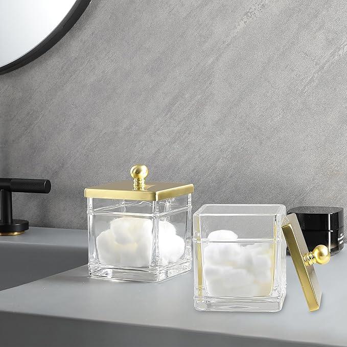 Indecor Home Glass Cotton Jar Holder 2 Pack– Brushed Gold Lid, Elegant Bathroom Storage Canister for Qtips, Cotton Balls, Floss, Makeup Organizer, Vanity & Bathroom Organization - ModernBath