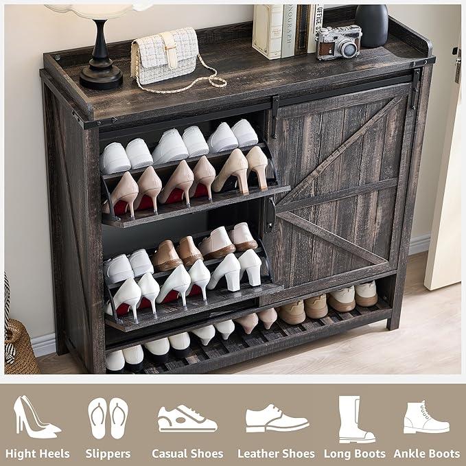 OKD Shoe Storage Cabinet with 2 Flip Drawers & Sliding Door, Farmhouse Entryway Shoe Organizer, Freestanding Rustic Hidden Shoe Rack Cabinet for Entryway, Dark Rustic Oak - ModernBath
