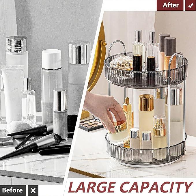 INVSSENE 360° Rotating Makeup Organizer, Bathroom Make Up Spinning Holder Rack, Large Capacity Cosmetics Storage Vanity Shelf Countertop, Fits Cosmetics, Perfume, Skincare, Lipsticks(2 Tiers, Gray) - ModernBath