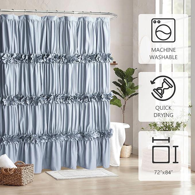 Homechoice Decor Fog Blue Ruffle Shower Curtain 72“ W x 84” H, Vintage Handcrafted Bow Tie Bath Curtain for Master Bathroom, Ruched Microfiber Bathroom Curtain with 12 Buttonholes (LQ-10) - ModernBath