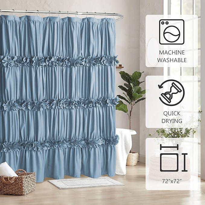 Homechoice Decor Dusty Blue Ruffle Shower Curtain, Vintage Handcrafted Bow Tie Bath Curtain for Master Bathroom, Ruched Microfiber Bathroom Curtain with 12 Buttonholes, 72" W x 72" H (LQ-10) - ModernBath