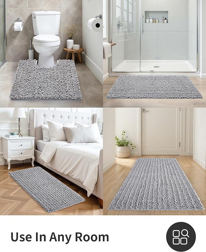 ILANGO Bathroom Rugs Light Grey 55x24,Extra Soft Absorbent Chenille Bath Rugs,Thick Non-Slip Shaggy Bath Mat,Machine Washable Quick Dry Bath Mats for Bathroom Floor, Tub, Shower Accessories - ModernBath