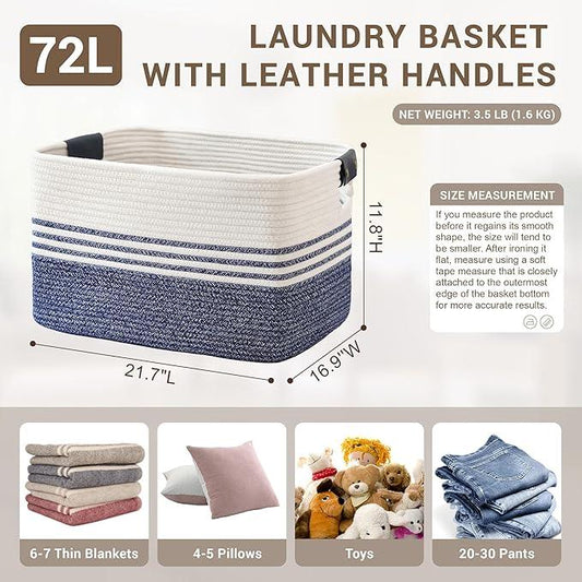 72L Large Laundry Basket with Leather Handles for Living Room Storage, Woven Rope Baskets Bin for Blanket, Kids Toy, Gifts, Wicker Hamper for Bedroom Dirty Clothes, 22"x17"x12" Denim Blue - ModernBath