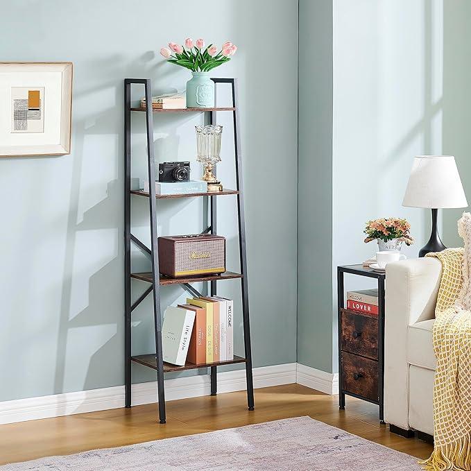 Hoctieon 4-Tier Industrial Ladder Bookshelf, Narrow Ladder Shelf, Tall Standing Bookshelf, Skinny Open Ladder Shelf, for Living Room, Home Office, Kitchen, Bedroom, Metal Frame, Rustic Brown - ModernBath