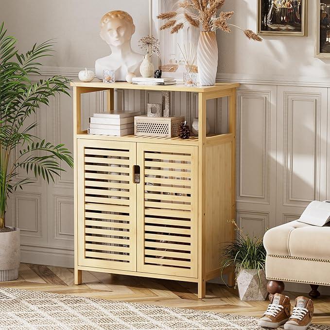 HITNET Bathroom Cabinet Freestanding, Bamboo Storage Cabinet 4-Tier Floor Cupboard with Door and Shelf for Bathroom, Kitchen, Hallway, Natural - ModernBath