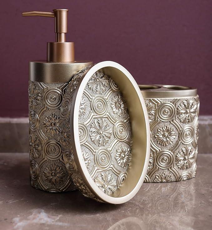 Hymmah Bathroom Accessories Set,Golden Design Toothbrush Holder,Farmhouse Bathroom Decor,4 Pcs Resin Gift Set Apartment Necessities, Contain Toothbrush Cup,Soap Dispenser,Soap Dish,Tumbler - ModernBath