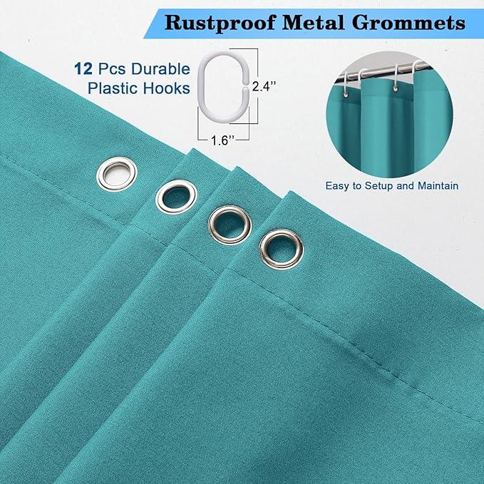 OVZME Zora Solid Turquoise Shower Curtain for Bathroom, Fabric Shower Curtain- Soft Cloth & Hotel Spa Quality, Water Repellent, Machine Washable Shower Curtain Set with 12 Hooks, Grommet Top, 72Wx72L - ModernBath