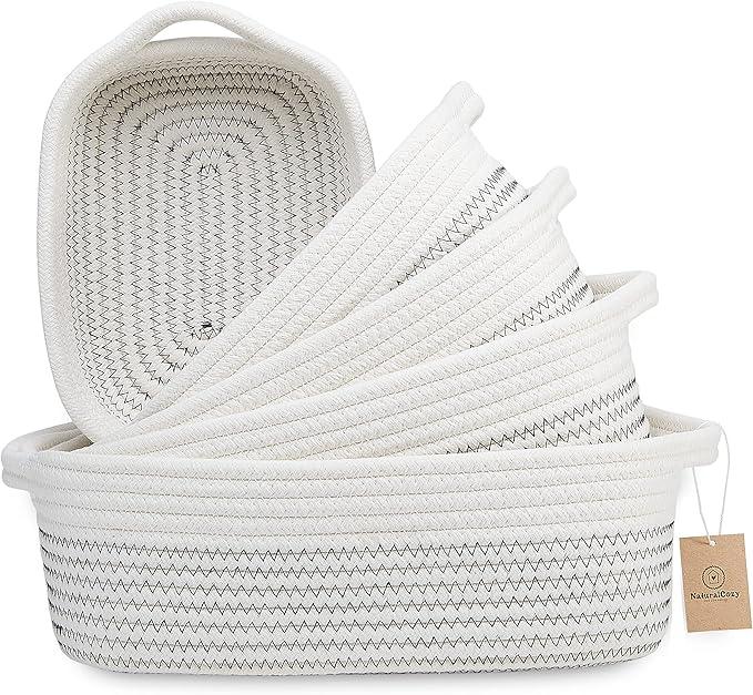 NaturalCozy 5-Piece Rectangle Storage Basket Set- Natural Cotton Rope Woven Baskets for Organizing! Small Basket for Montessori, Baby Nursery, Dog Toy Baskets, Cat Toy Box, Bathroom Organization Bin - ModernBath
