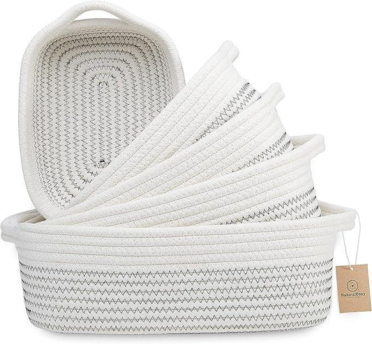 NaturalCozy 5-Piece Rectangle Storage Basket Set- Natural Cotton Rope Woven Baskets for Organizing! Small Basket for Montessori, Baby Nursery, Dog Toy Baskets, Cat Toy Box, Bathroom Organization Bin - ModernBath