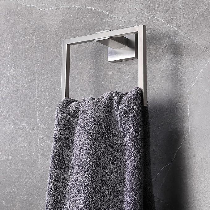 LANC Hand Towel Rings for Bathroom Wall Mount Brushed Finished Square Hand Towel Holder for Kitchen Towel Holder Lavatory SUS304 Stainless Steel Contemporary Style Shower Towel Racks Hanger, A8896BN - ModernBath