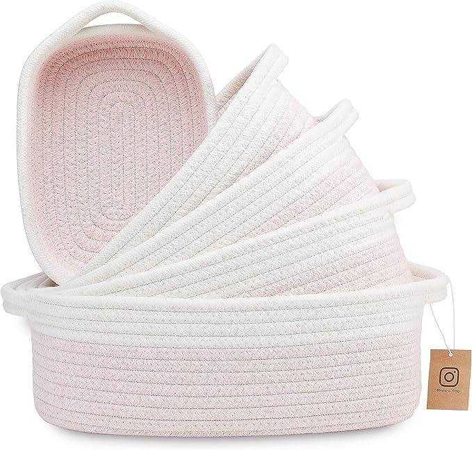 NaturalCozy 5-Piece Rectangle Storage Basket Set- Natural Cotton Rope Woven Baskets for Organizing! Small Basket for Montessori, Baby Nursery, Dog Toy Baskets, Cat Toy Box, Bathroom Organization Bin - ModernBath