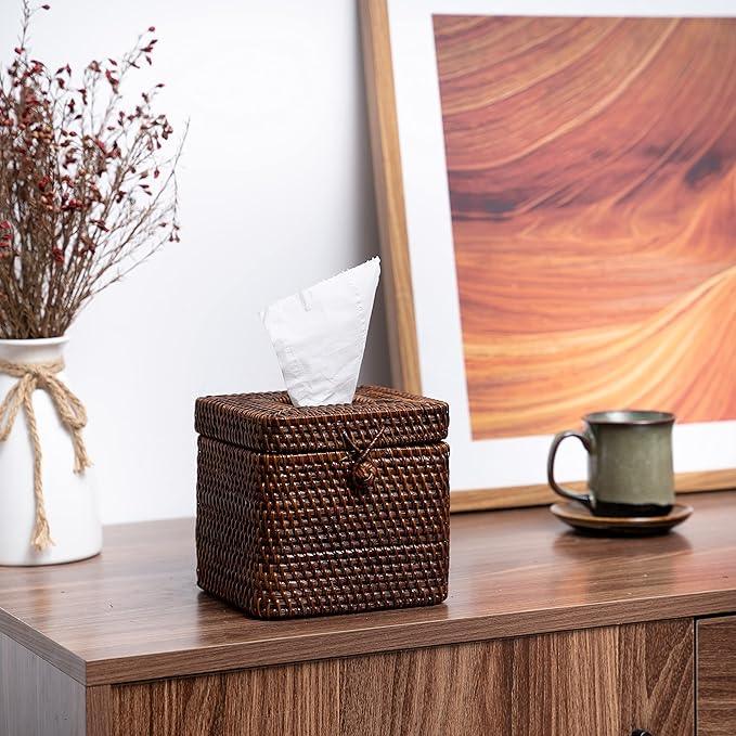 Rattan Square Tissue Box Cover- 5.7" x 5.7" x 5"-Decorative Woven Facial Tissue Holder with Hinged Top Lid- Facial Box for Home, Office,Bathrooms, Decoration (Coffee) - ModernBath