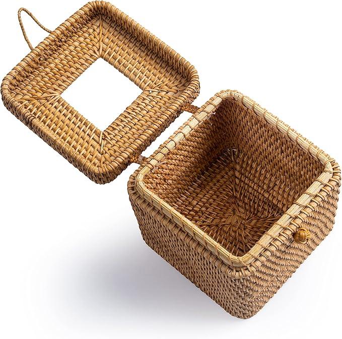 Rattan Square Tissue Box Cover- 5.7" x 5.7" x 5"-Decorative Woven Facial Tissue Holder with Hinged Top Lid- Facial Box for Home, Office,Bathrooms, Decoration (Yellow) - ModernBath