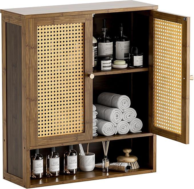 HITNET Bamboo Medicine Cabinet, Wall Mounted Bathroom Cabinet with Adjustable Shelf, Double Rattan Door Hanging Storage Organizer Over Toilet for Entryway, Laundry Room (Walnut) - ModernBath