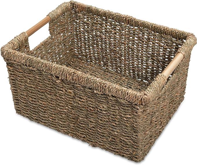 Large Wicker Storage Basket with Wooden Handles, Seagrass Basket for Shelves, Natural Wicker Bin With Handle for Storage 14.5 x 10.3 x 7.5 inches - ModernBath
