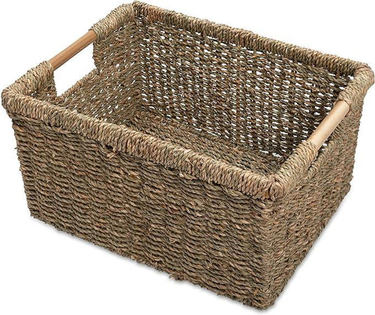 Large Wicker Storage Basket with Wooden Handles, Seagrass Basket for Shelves, Natural Wicker Bin With Handle for Storage 14.5 x 10.3 x 7.5 inches - ModernBath
