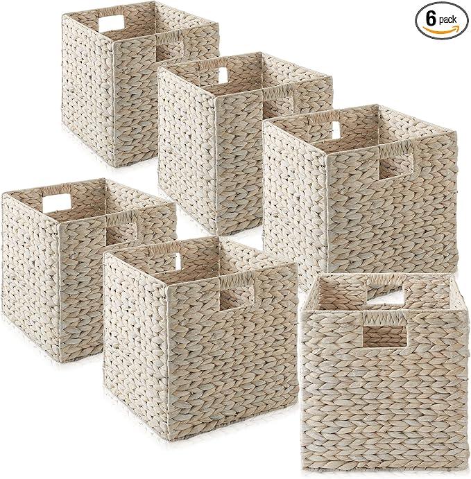 Casafield 12" x 12" Hyacinth Storage Baskets, Whitewash - Set of 6 Storage Organizers, Woven Wicker Cubes for Bathroom, Bedroom, Laundry, Shelves - ModernBath