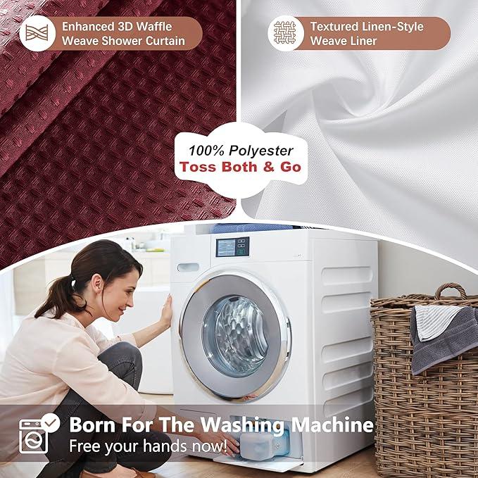 Luxury 3 in 1 Shower Curtain Set 3D Textured Waffle Weave Bathroom Curtain with Waterproof SGS Certified Fabric Liner & 12 Anti-Fall Stainless Steel Hooks, Machine Washable 72"x78" (Burgundy) - ModernBath