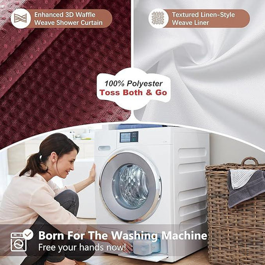 Luxury 3 in 1 Shower Curtain Set 3D Textured Waffle Weave Bathroom Curtain with Waterproof SGS Certified Fabric Liner & 12 Anti-Fall Stainless Steel Hooks, Machine Washable 72"x78" (Burgundy) - ModernBath