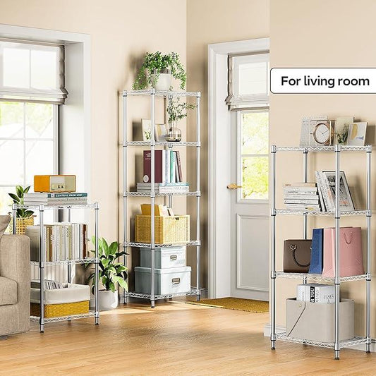 5 Tiers Shelf Metal Storage Shelves Wire Rack Closet Organizers with Wheel for Garage Kitchen Bathroom Laundry Chrome 11.8" D x 17.7" W x 55" H - ModernBath