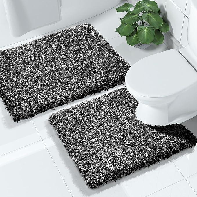 Yimobra Bathroom Rugs Sets 2 Piece, Soft Absorbent Bath Mat and U-Shaped Toilet Rug with Non Slip Backing, Machine Washable, Plush Shaggy Bath Mats for Bathroom, 24"x17"+24"x20", Black and White - ModernBath