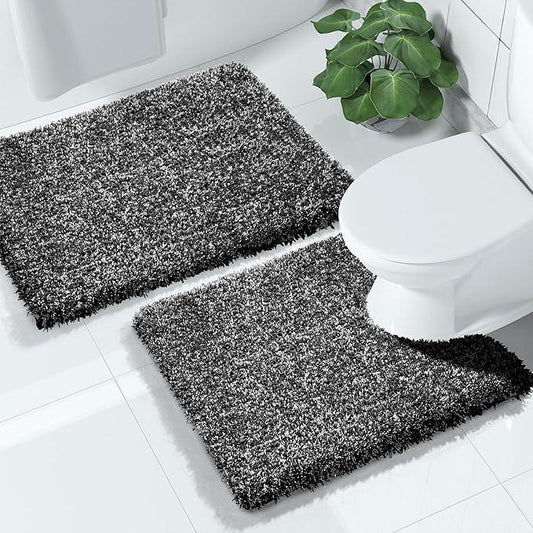 Yimobra Bathroom Rugs Sets 2 Piece, Soft Absorbent Bath Mat and U-Shaped Toilet Rug with Non Slip Backing, Machine Washable, Plush Shaggy Bath Mats for Bathroom, 24"x17"+24"x20", Black and White - ModernBath