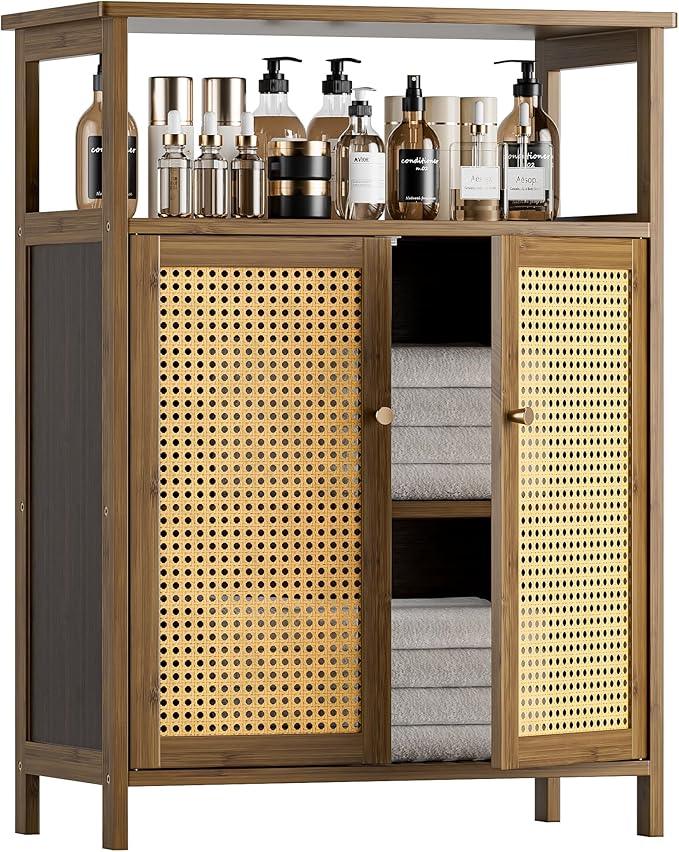 HITNET Rattan Bathroom Floor Cabinet, Freestanding Bamboo Storage Cupboard with 2 Doors, Living Room Sideboard, Space Saving, Walnut - ModernBath