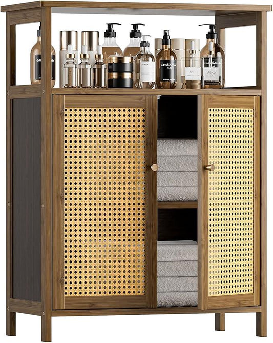 HITNET Rattan Bathroom Floor Cabinet, Freestanding Bamboo Storage Cupboard with 2 Doors, Living Room Sideboard, Space Saving, Walnut - ModernBath