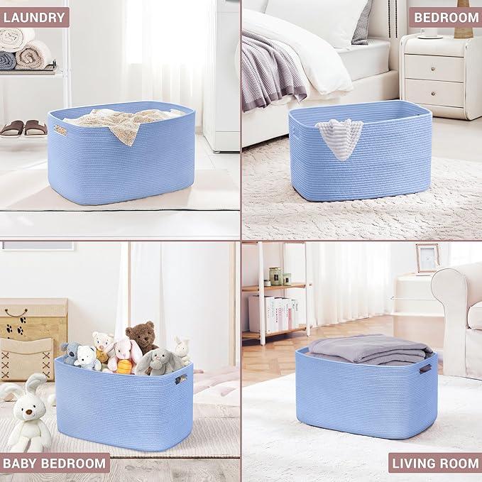 60L Small Baby Girls Laundry Basket for Nursery Storage,Cute Woven cotton Rope Baskets for Kids Toy，Gifts, Boho Square Wicker Blanket hamper for Living Room,Bedroom Dirty Clothes,Blue Purple - ModernBath