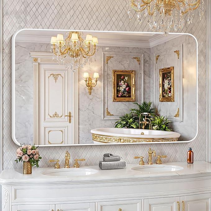 BONEWEI White Bathroom Mirror,60x36 inch Wall Mirror for Bathroom Wall Mounted,Rectangle Mirror for Bathroom Over Sink,Modern Frame Round Corner for Living Room,Bedroom Entryway,Horizontal/Vertical - ModernBath