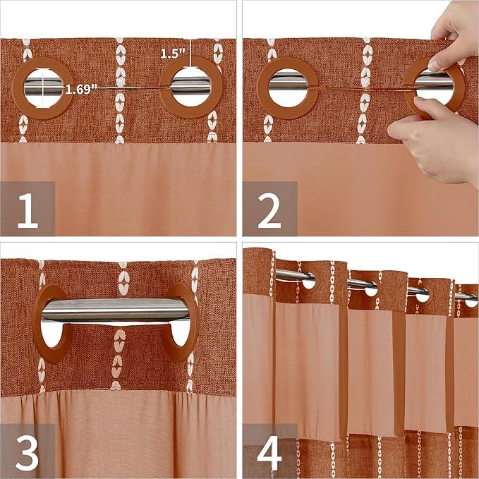 eachope No Hook Extra Long Shower Curtain Set with Snap-in Liner,Linen Textured Thick Striped Fabric with Tassels,Boho Chic Modern Farmhouse Bathroom Curtain,Water-Repellent,Orange,71x86 - ModernBath