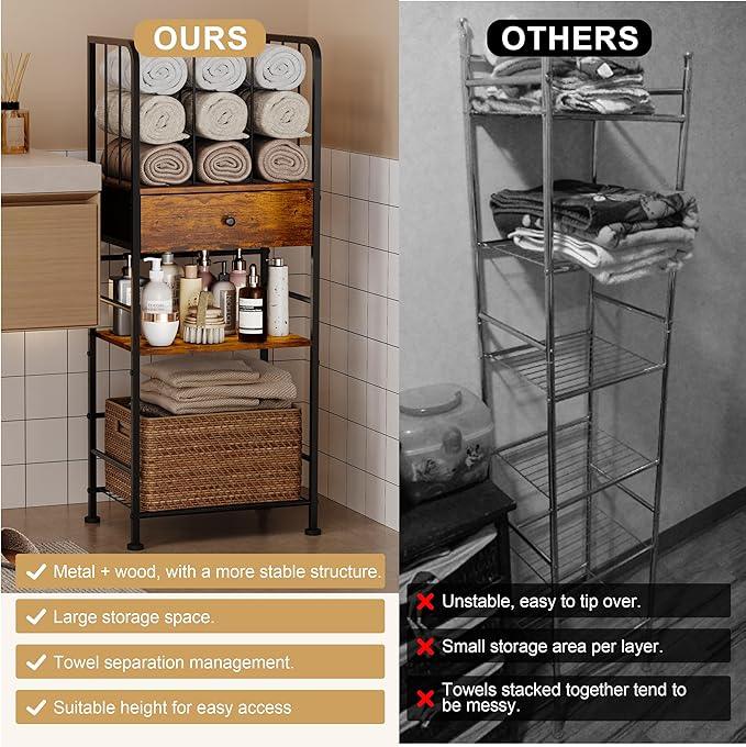 Towel Rack Free Standing 3-Tier with Drawer and M-Shaped Detachable Dividers,Towel Holder with Adjustable Shelf, Towel Organizer Space Saving for Bathroom and Poolside Patent Pending - ModernBath