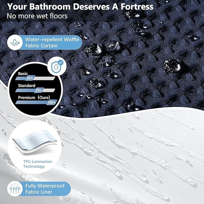 Luxury 3 in 1 Shower Curtain Set 3D Textured Waffle Weave Bathroom Curtain with Waterproof SGS Certified Fabric Liner & 12 Anti-Fall Stainless Steel Hooks, Machine Washable 72"x84" (Navy Blue) - ModernBath