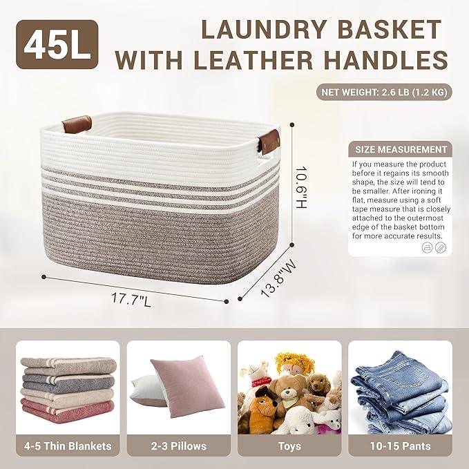 45L Small Laundry Basket with Leather Handles for Living Room Storage, Woven Rope Baskets Bin for Blanket, Kids Toy, Gifts, Wicker Hamper for Bedroom Dirty Clothes, 18"x14"x11" Dark Brown - ModernBath