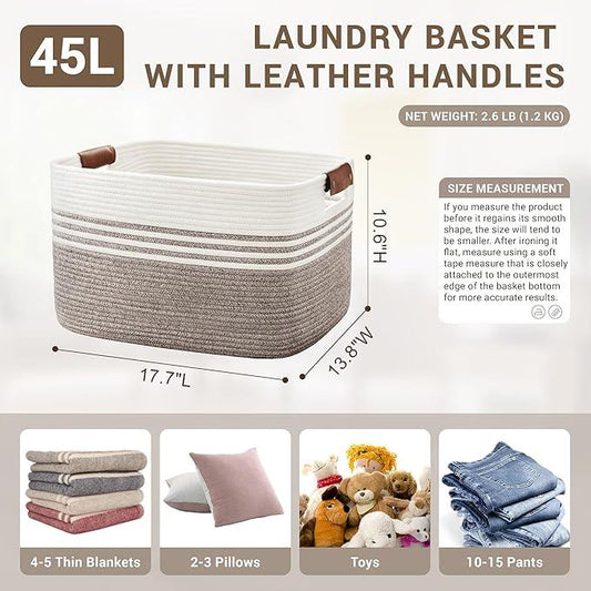 45L Small Laundry Basket with Leather Handles for Living Room Storage, Woven Rope Baskets Bin for Blanket, Kids Toy, Gifts, Wicker Hamper for Bedroom Dirty Clothes, 18"x14"x11" Dark Brown - ModernBath