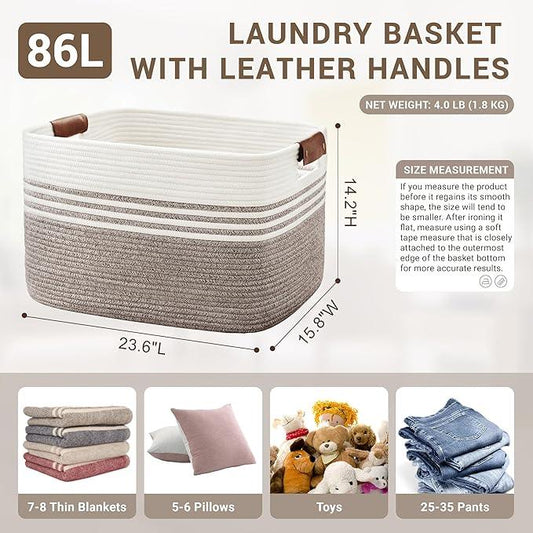 86L Extra Large Laundry Basket with Leather Handles for Living Room Storage, Woven Rope Baskets for Blanket, Kids Toy, Gifts, Wicker Hamper for Bedroom Dirty Clothes, 24"x16"x14" Dark Brown - ModernBath
