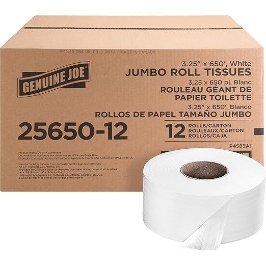 Genuine Joe Jumbo Roll Bath Tissue - 2-Ply White Toilet Paper, 3.3" x 650' per Roll, 12 Count Bulk Pack, Recycled Fiber, Commercial Grade for Dispensers - ModernBath