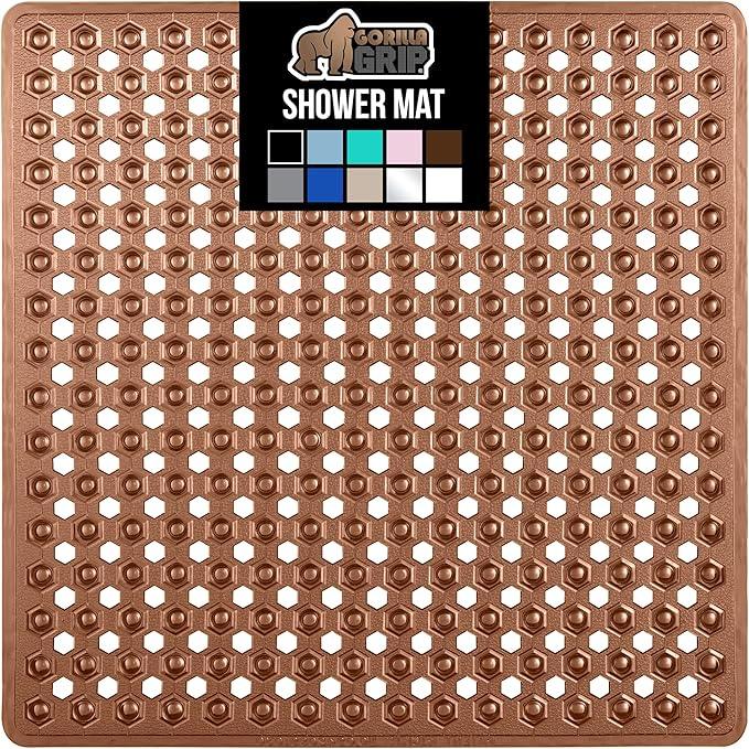 GORILLA GRIP Patented Square Shower Stall Mat, Small Bathtub Floor Mats for Stand Up Showers with Suction Cups and Drainage Holes, Machine Wash, Soft on Feet, Bathroom Accessories 21x21 Inch, Brown - ModernBath