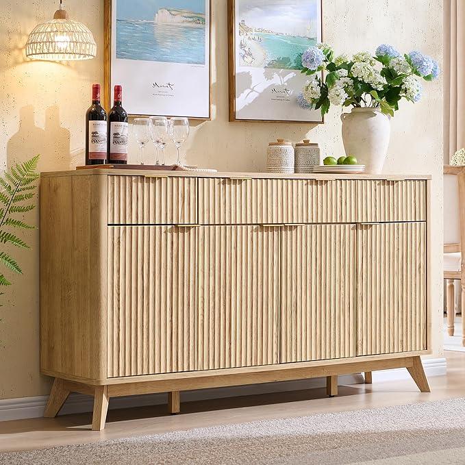 OKD Fluted Storage Cabinet with Drawers, 60" Morden Buffet Sideboard Coffee Bar Cabinet with 4 Doors and 3 Drawers for Dining Room, Living Room,Hallway (Natural Oak) - ModernBath