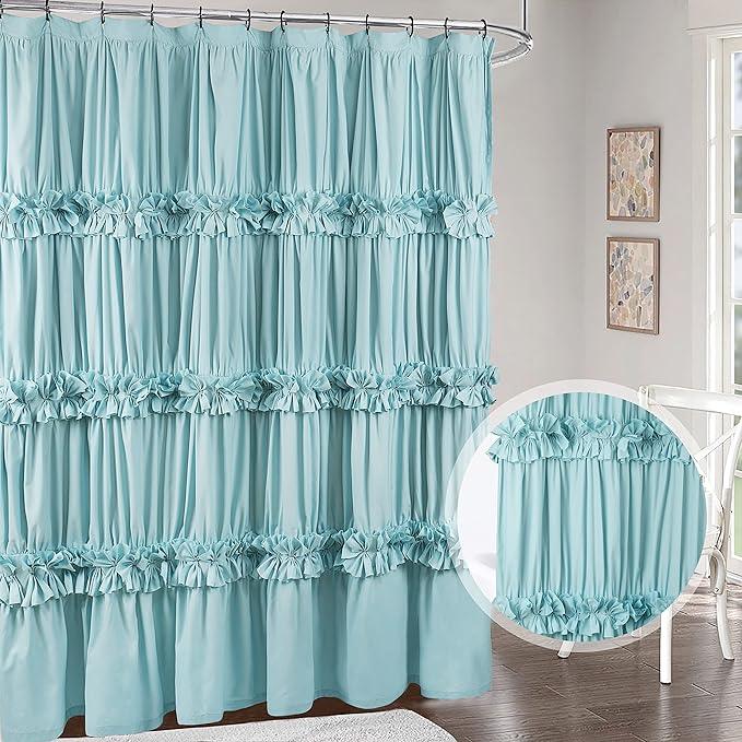 Homechoice Decor Spa Blue Ruffle Shower Curtain, Vintage Handcrafted Bow Tie Bath Curtain for Master Bathroom, Ruched Microfiber Bathroom Curtain with 12 Buttonholes, 72" W x 72" H (LQ-10) - ModernBath