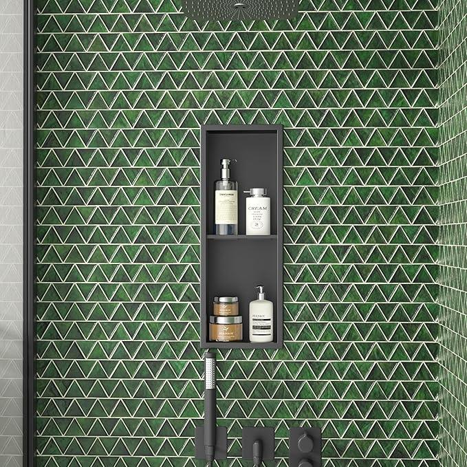 Stainless Steel Shower Niche Matte Black 8"×24" with 2-Tiers Shelf No Tiled Needed Niche Shower for Bathroom Wall Storage Recessed Metal Shower Shelf Over-Mounted Installation - ModernBath