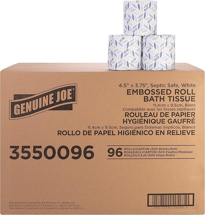 Genuine Joe Embossed Bath Tissue, 2-Ply, Septic Safe, Individually Wrapped, 4.5" x 3.75", 500 Sheets/Roll, 96 Count - ModernBath