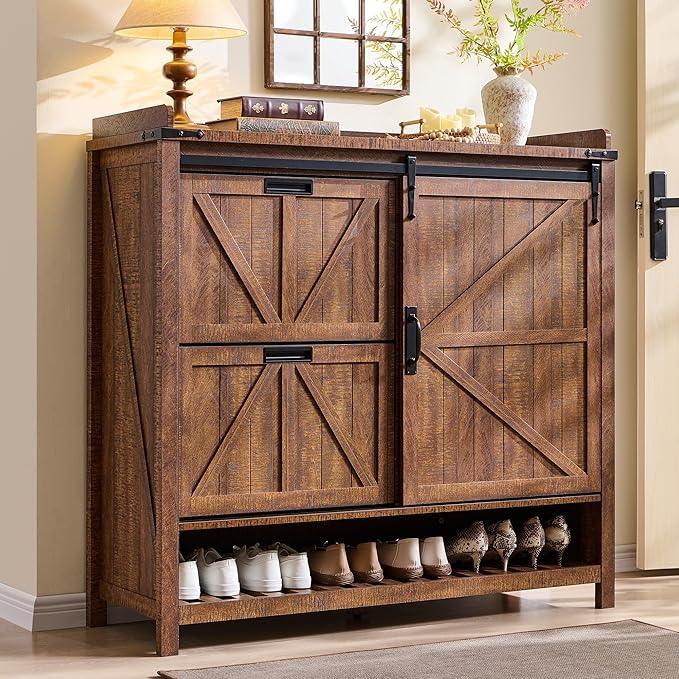 OKD Shoe Storage Cabinet with 2 Flip Drawers & Sliding Door, Farmhouse Entryway Shoe Organizer, Freestanding Rustic Hidden Shoe Rack Cabinet for Entryway, Reclaimed Barnwood - ModernBath