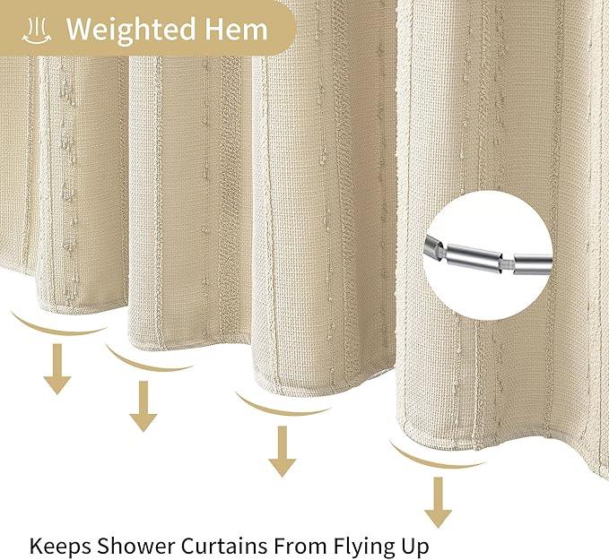 Lameirose Beige Shower Curtain Boho, 72 x 72 Cotton Blend Waffle Weave Stripe Textured Heavy Duty, Fabric Shower Curtain for Bathroom, Hotel, Washable - ModernBath