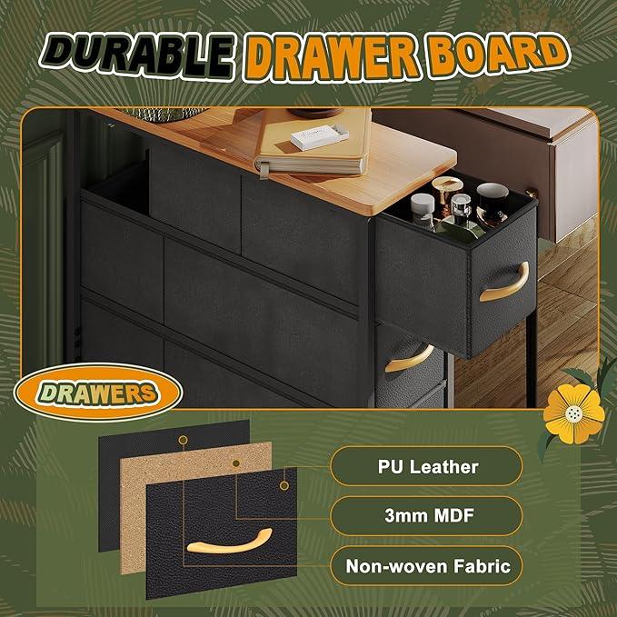 Narrow Dresser Storage Tower with 5 Drawers, Slim Dresser Chest of Drawers with Steel Frame, Wood Top, Dresser for Bedroom, Bathroom, Small Spaces, Laundry, Closet, Black - ModernBath