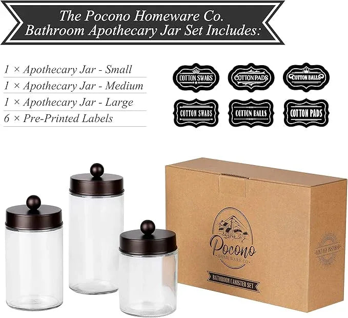 Apothecary Jars 3 Pack - Glass Bathroom Containers with Stainless Steel Lids - Rustic Farmhouse Decor Bathroom Accessories, Vanity Organizer Apothecary Jars for Qtip/Cotton Balls (Bronze) - ModernBath