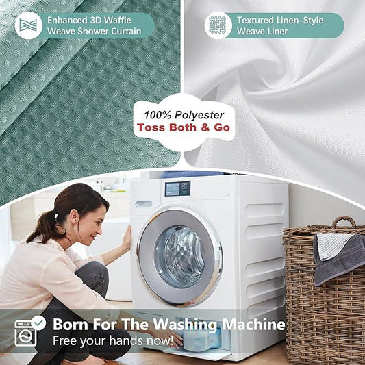 Luxury 3 in 1 Shower Curtain Set 3D Textured Waffle Weave Bathroom Curtain with Waterproof SGS Certified Fabric Liner & 12 Anti-Fall Stainless Steel Hooks, Machine Washable 72"x84" (Turquoise) - ModernBath