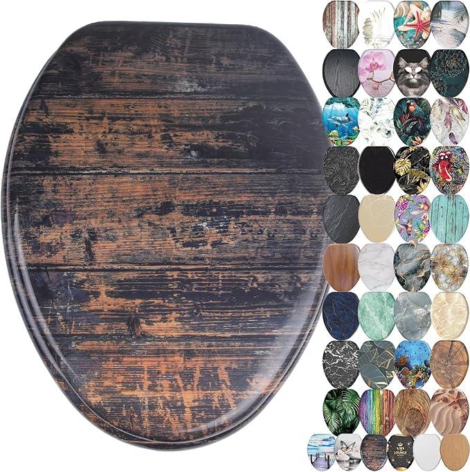 SANILO Wooden Toilet Seat with Soft Close [ELONGATED] - Decorative, Quiet & Slow Close Molded Wood Seat - With Strong Bumpers & Hinges - Adjustable Fit - Vintage - ModernBath