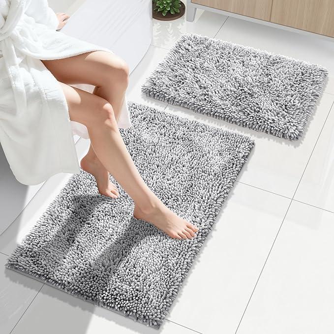 Yimobra Bathroom Rug Set 2 Piece, Luxury Shaggy Bath Mat Set with Non Slip Backing, Ultra Soft & Absorbent Mats for Bathroom Floor, Machine Washable, 31.5"x20"+24"x17", Light Grey - ModernBath